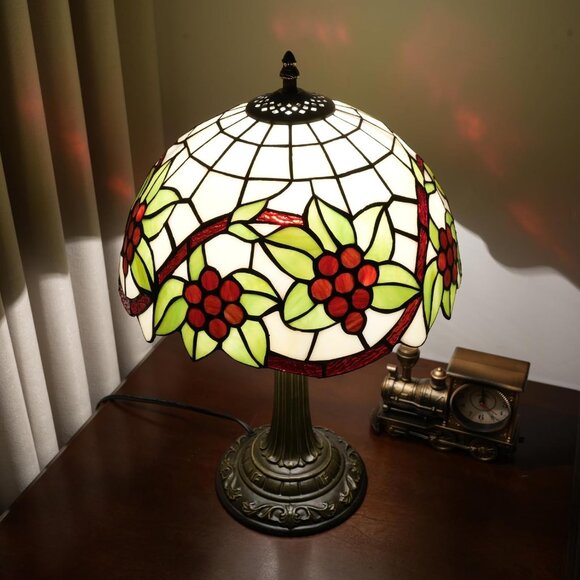 Tiffany Style Lamp Stained Glass Table Lamp 12" Green Leaves Red Grapes Art - Picture 4 of 7